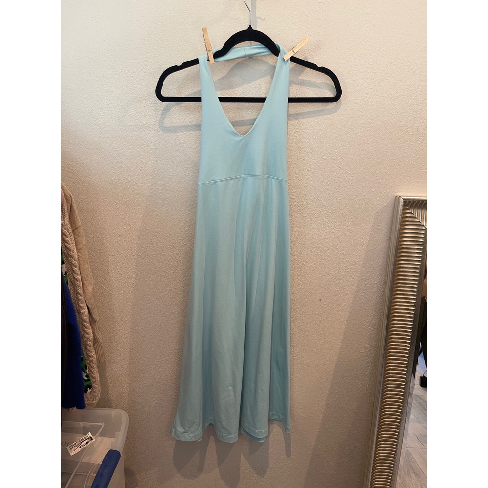 Patagonia Kamala Halter Dress Light Blue Tie Back Midi Jersey Knit Womens